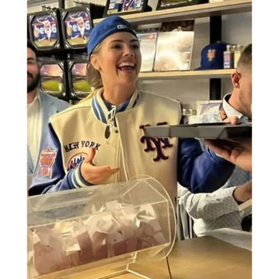 NY Mets Kate Upton Off White Wool & Blue Leather Sleeves Varsity Men's Jacket