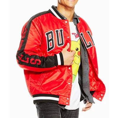Chicago Bulls Superfans Full-Snap Varsity Black and Red Satin Men's Bomber Jacket