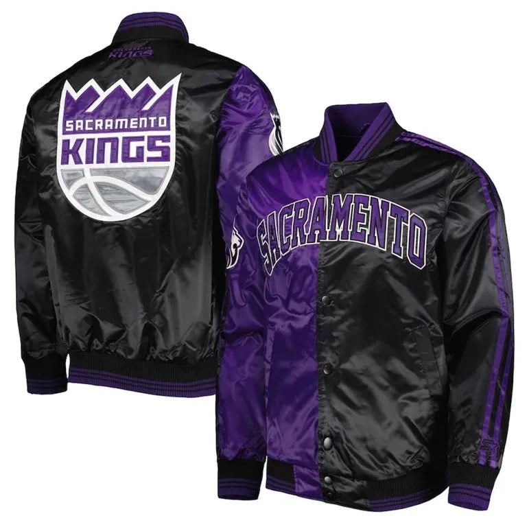 Sacramento Kings Fast Break Full-Snap Varsity Purple and Black Satin Men's Bomber Jacket