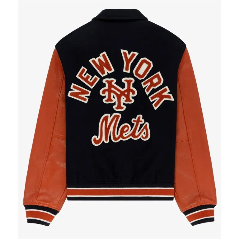 Aime Leon Dore Mets Blue Wool & Orange Leather Sleeves Varsity Men's Jacket