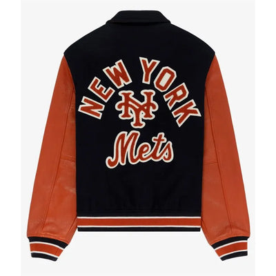 Aime Leon Dore Mets Blue Wool & Orange Leather Sleeves Varsity Men's Jacket