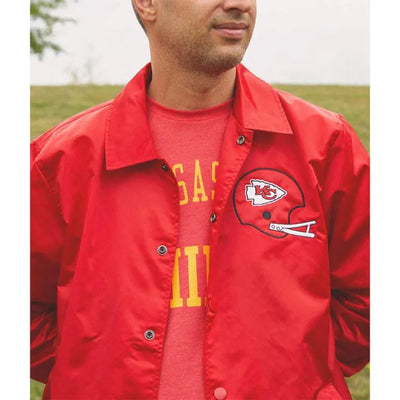 Kansas City Chiefs Coach Full-Snap Varsity Red Satin Men's Bomber Jacket