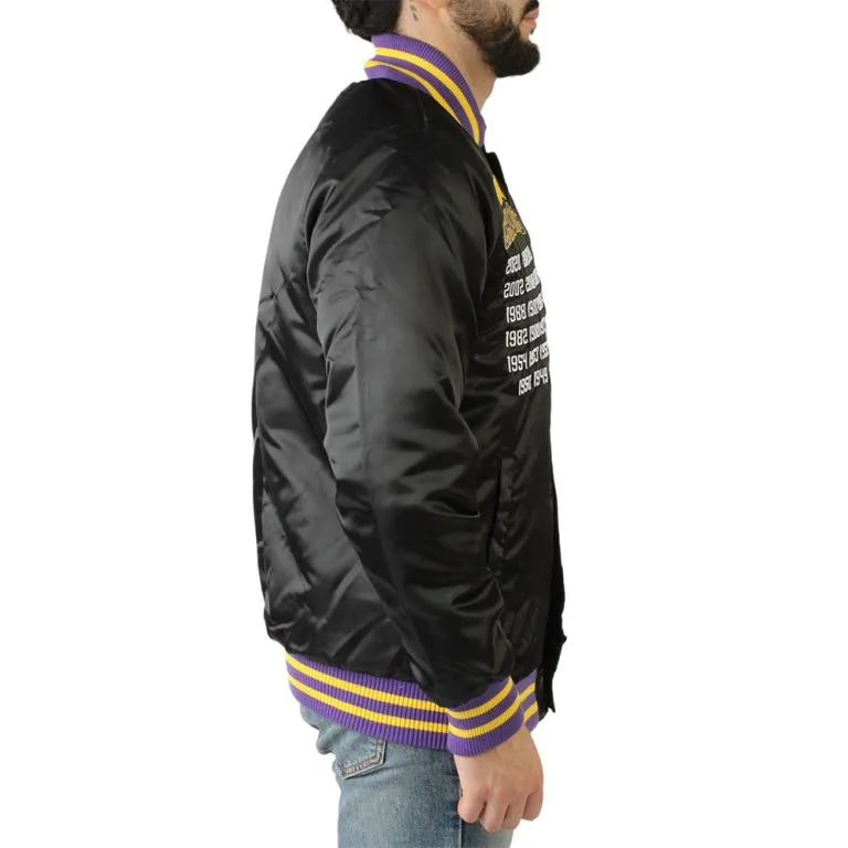 17X Los Angeles Lakers Champions Full-Snap Varsity Black Satin Men's Bomber Jacket