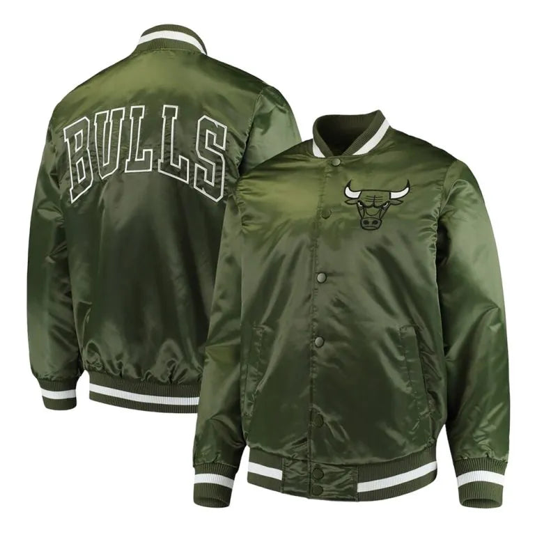 Chicago Bulls Forest Full-Snap Varsity Green Satin Men's Bomber Jacket