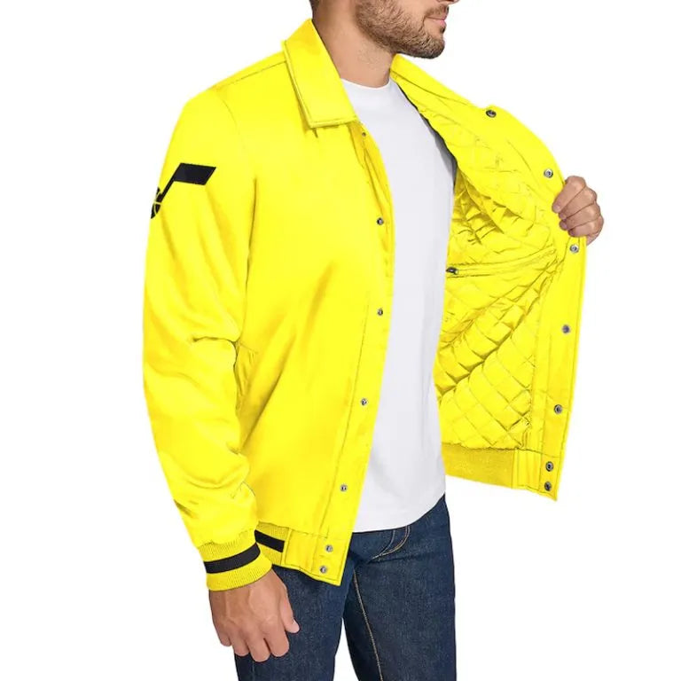 Utah Jazz Stitch Applique Full-Snap Varsity Gold Satin Men's Bomber Jacket