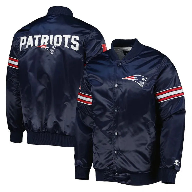 New England Patriots The Pick and Roll Full-Snap Varsity Navy Blue Satin Men's Bomber Jacket