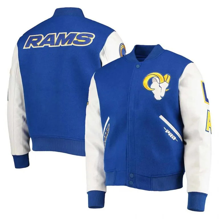 Los Angeles Rams Logo Royal Blue Wool and White Genuine Leather Sleeves Men's Varsity Letterman Jacket