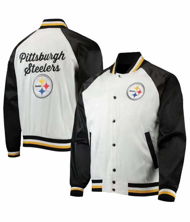 Pittsburgh Steelers Full-Snap Varsity White and Black Satin Men's Bomber Jacket