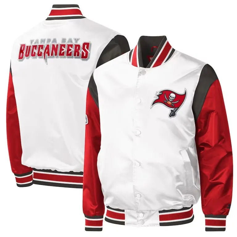 Tampa Bay Buccaneers Throwback Warm Up Pitch Full-Snap Varsity Red & White Satin Men's Bomber Jacket