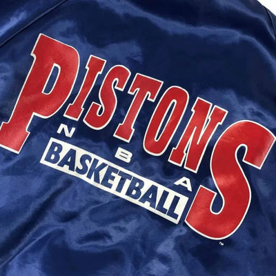 Detroit Pistons Pick and Roll Full-Snap Varsity Blue Satin Men's Bomber Jacket