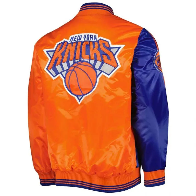 New York Knick Fast Break Full-Snap Varsity Blue/Orange Satin Men's Bomber Jacket