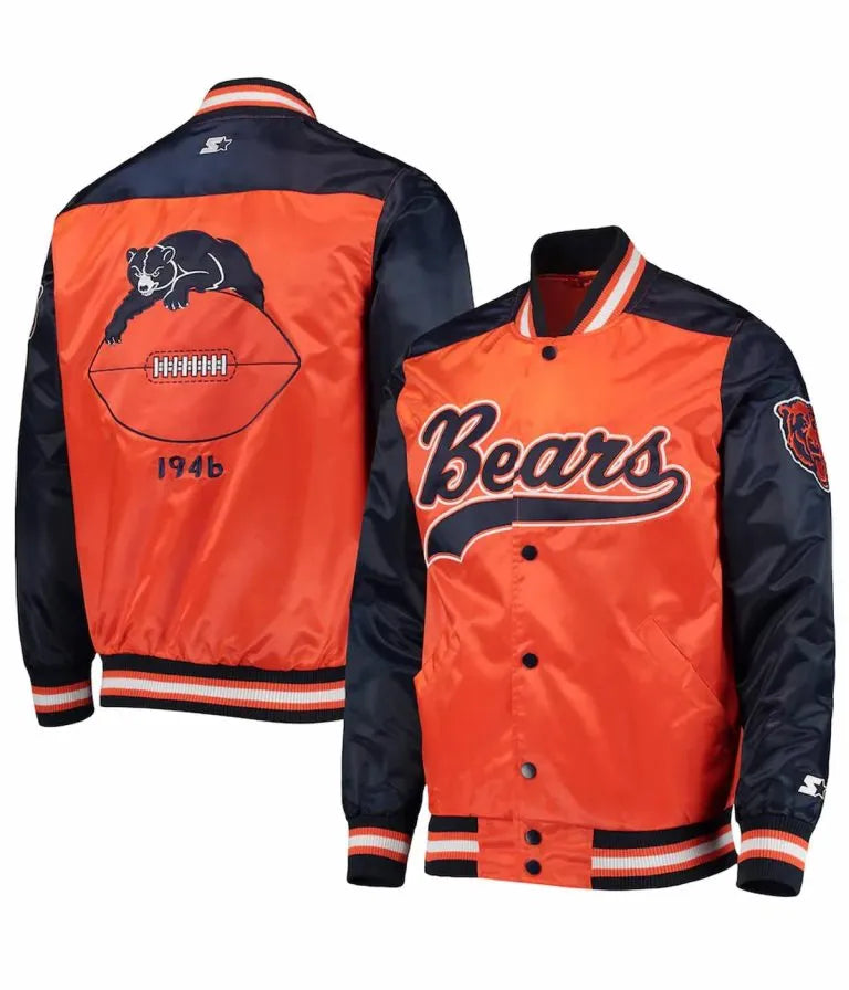 Chicago Bears The Tradition II Full-Snap Varsity Navy Blue & Orange Satin Men's Bomber Jacket
