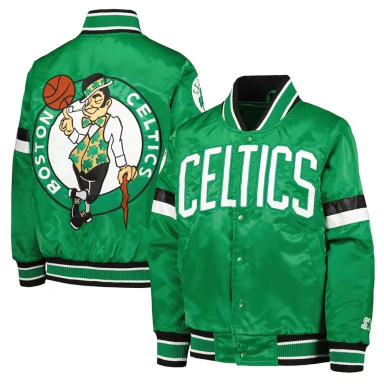 Boston Celtics Home Game Full-Snap Varsity Kelly Green Satin Men's Bomber Jacket