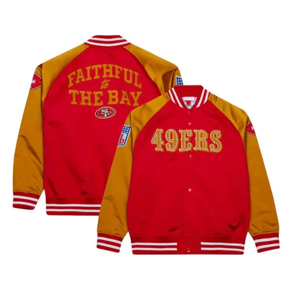 San Francisco 49ers Faithful to The Bay Full-Snap Varsity Red and Gold Satin Men's Bomber Jacket