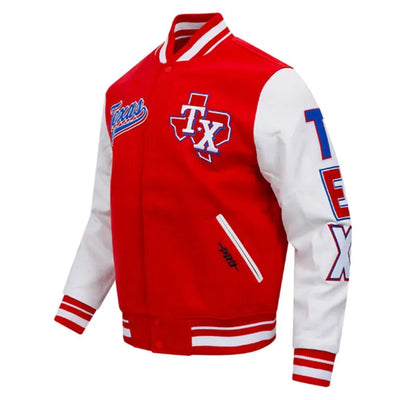 Texas Rangers Script Tail Red Wool & White Leather Sleeves Varsity Men's Jacket