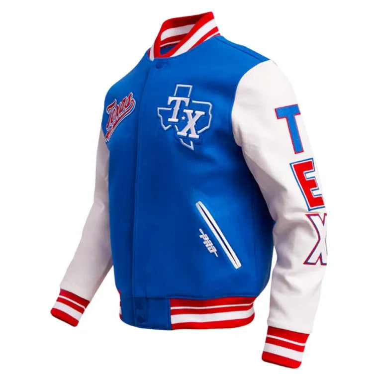 Texas Rangers Script Tail Blue Wool & White Leather Sleeves Varsity Men's Jacket