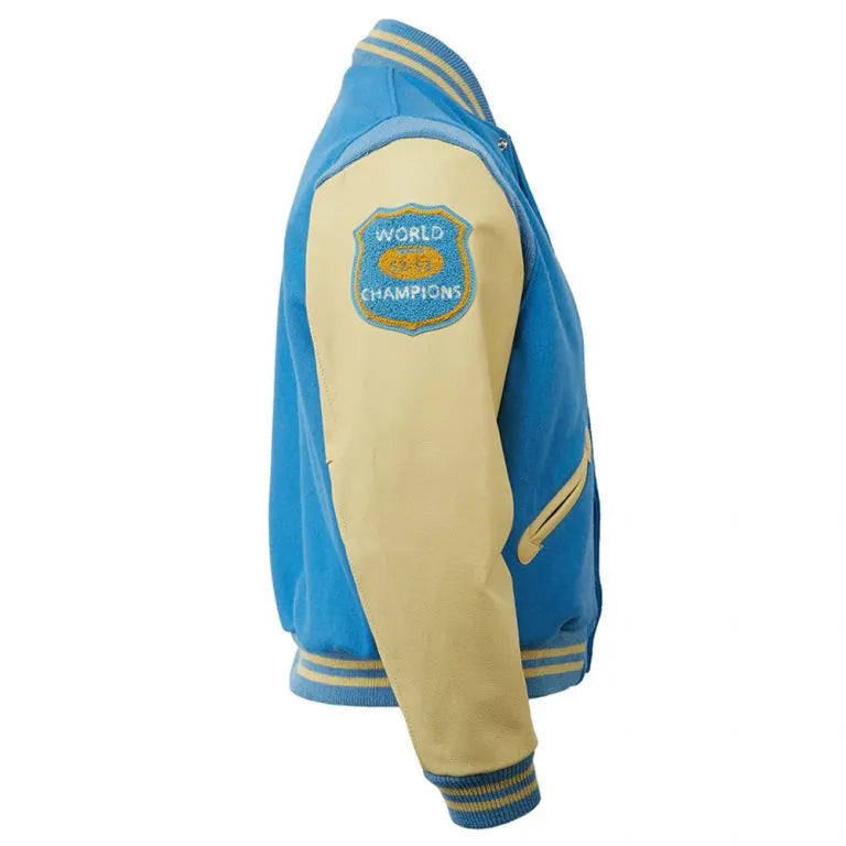 Detroit Lions Matthew Stafford 9 Blue Wool & Beige Genuine Leather Sleeves Men's Varsity Jacket