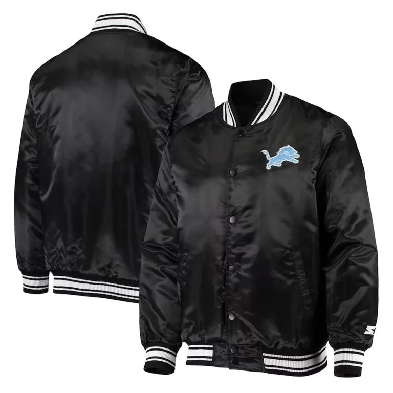 Detroit Lions Locker Room Full-Snap Varsity Black Satin Men's Bomber Jacket
