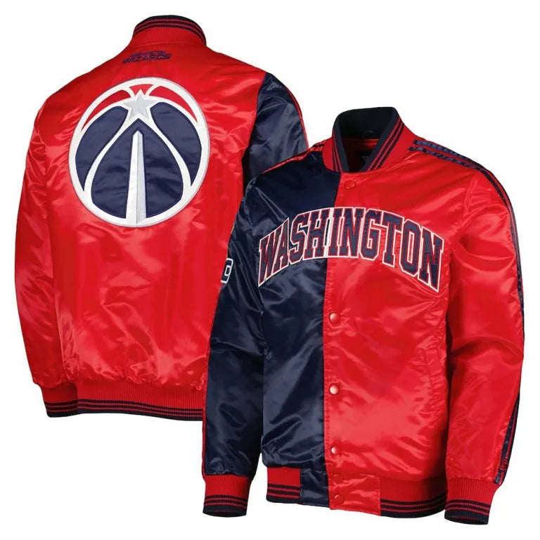 Washington Wizards Fast Break Full-Snap Varsity Red & Navy Blue Satin Men's Bomber Jacket