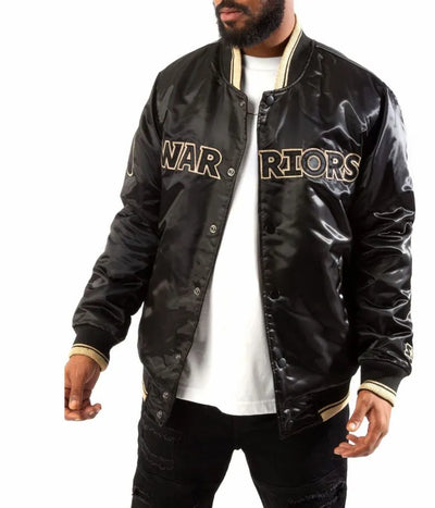 Golden State Warriors Full-Snap Varsity Black/Gold Satin Men's Bomber Jacket