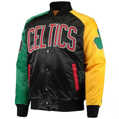 Boston Celtics Ty Mopkins Full-Snap Varsity Black/Red Satin Men's Bomber Jacket