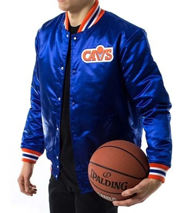 Cleveland Cavaliers Basketball Full-Snap Varsity Royal Blue Satin Men's Bomber Jacket