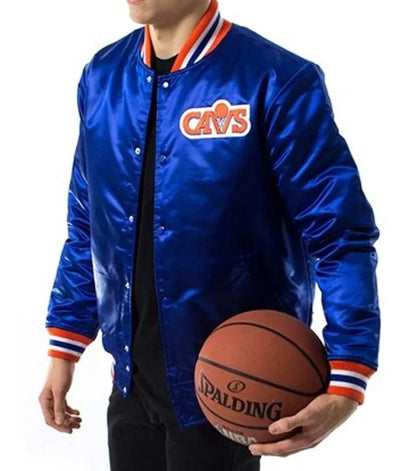 Cleveland Cavaliers Basketball Full-Snap Varsity Royal Blue Satin Men's Bomber Jacket
