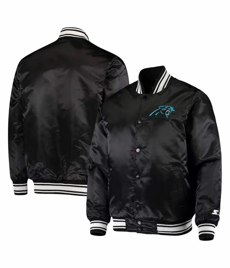 Carolina Panthers Locker Room Full-Snap Varsity Black Satin Men's Bomber Jacket