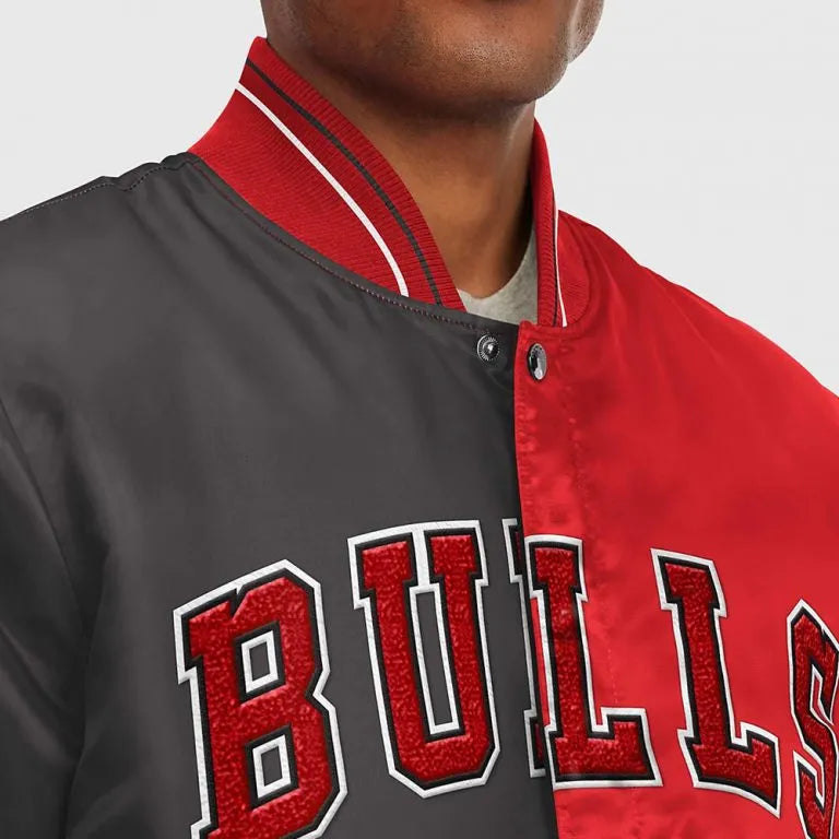 NBA Chicago Bulls Full-Snap Varsity Red and Black Satin Men's Bomber Jacket