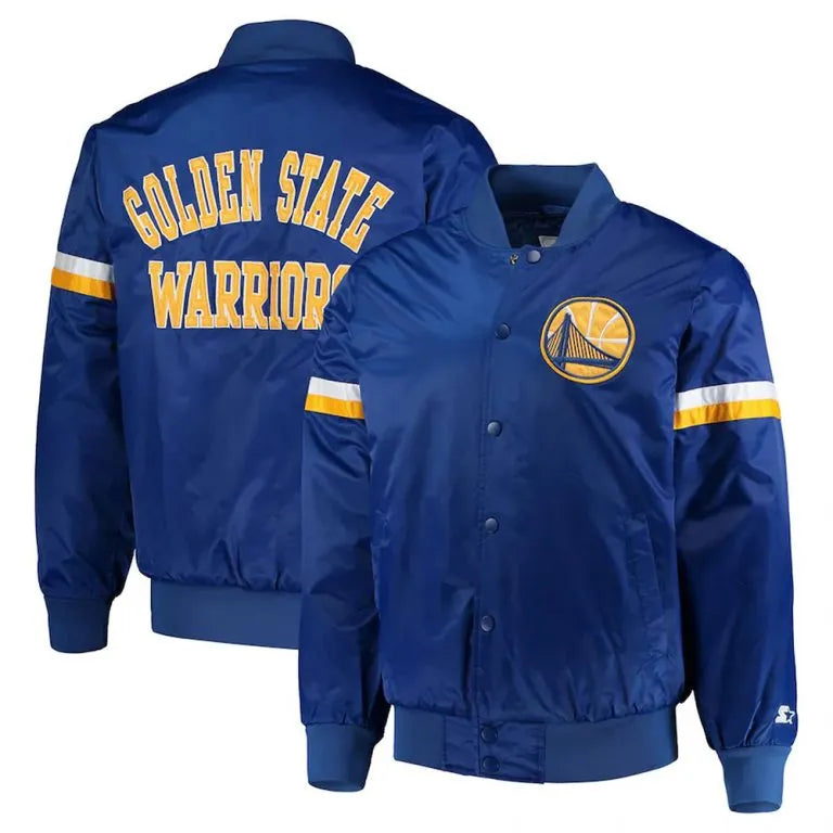 Golden State Warriors The Champ Full-Snap Varsity Royal Blue Satin Men's Bomber Jacket
