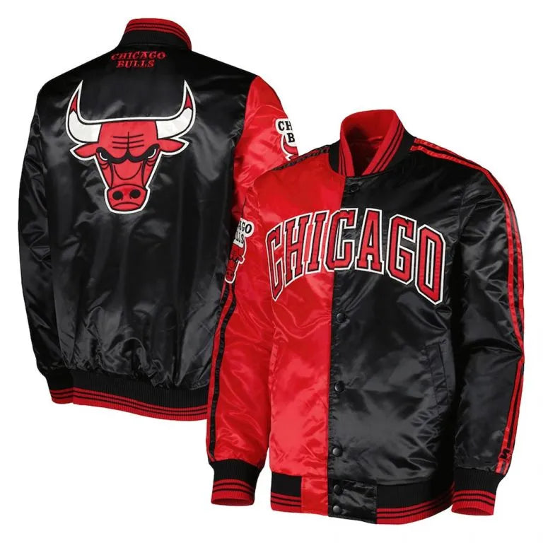 Chicago Bulls Fast Break Full-Snap Varsity Red and Black Satin Men's Bomber Jacket