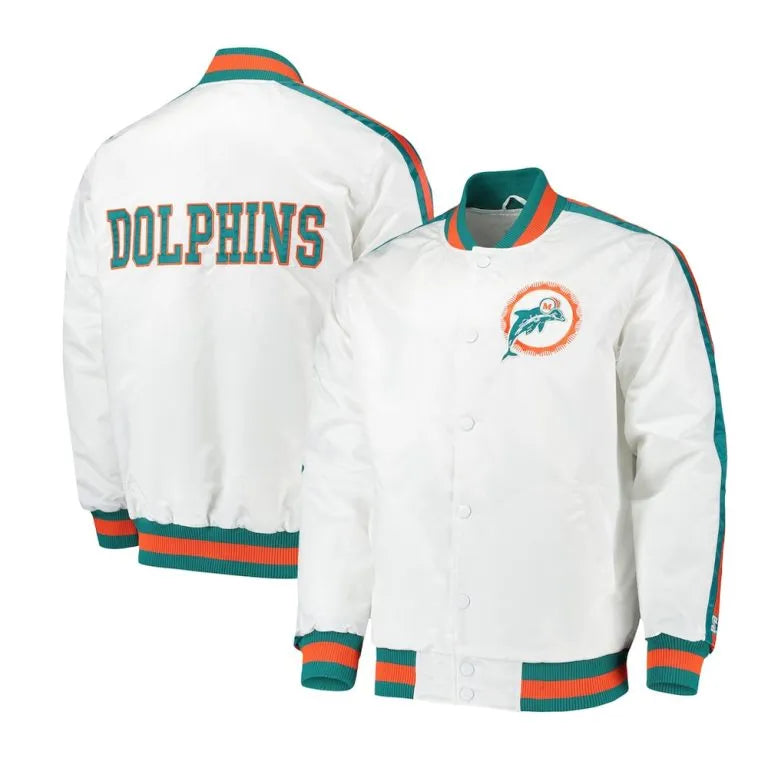 Miami Dolphins Throwback D-Line Full-Snap Varsity White Satin Men's Bomber Jacket