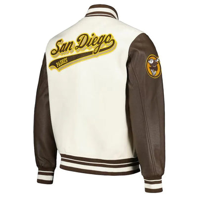 San Diego Padres Script Cream Wool and Brown Leather Sleeves Varsity Men's Jacket