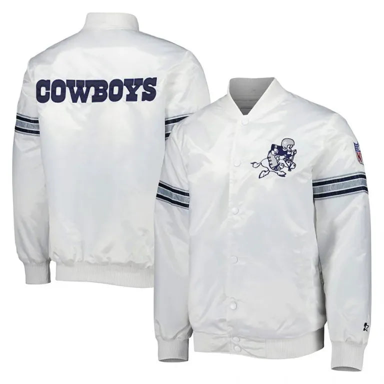 Dallas Cowboys The Power Forward Full-Snap Varsity White Satin Men's Bomber Jacket
