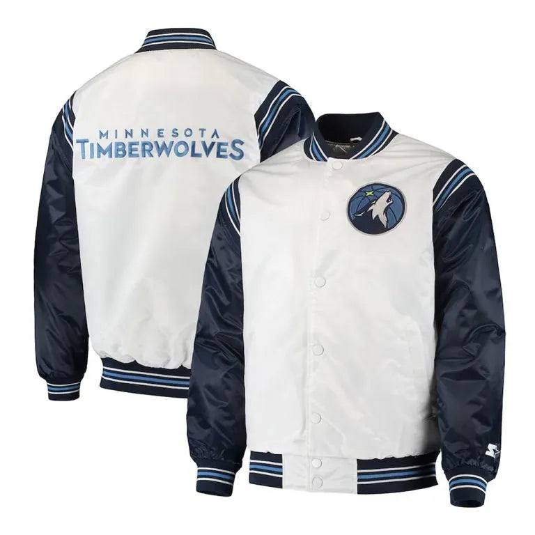Minnesota Timberwolves Renegade Full-Snap Varsity White and Navy Blue Satin Men's Bomber Jacket