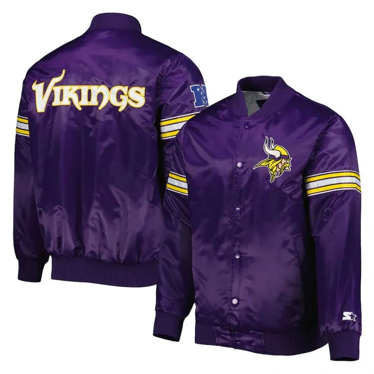 Minnesota Vikings The Pick and Roll Full-Snap Varsity Purple Satin Men's Bomber Jacket