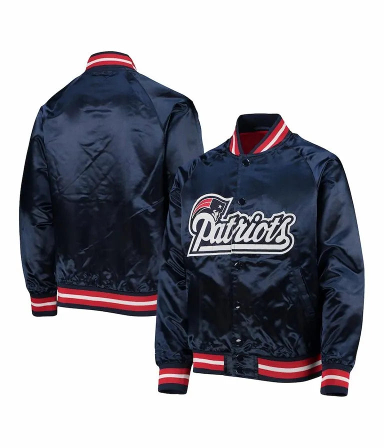 New England Patriots Lightweight Full-Snap Varsity Navy Blue Satin Men's Bomber Jacket