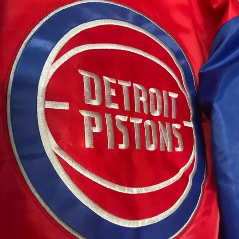Detroit Pistons Ty Mopkins Full-Snap Varsity Red and Blue Satin Men's Bomber Jacket