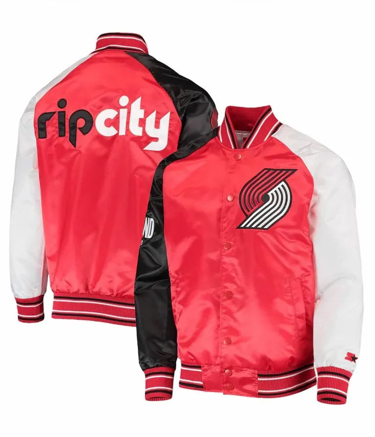 Portland Trail Blazers Reliever Full-Snap Varsity Tri Color Satin Men's Bomber Jacket
