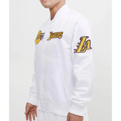 Los Angeles Lakers Full-Snap Varsity White Satin Men's Bomber Jacket