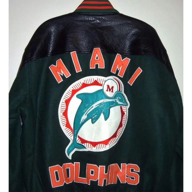 90’s Miami Dolphins Green Throwback Wool and Black Genuine Leather Sleeves Men's Varsity Letterman Jacket