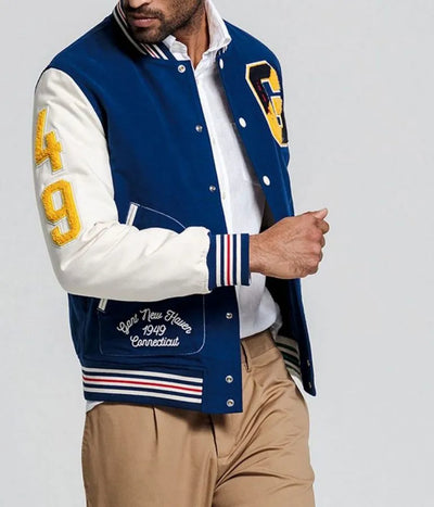 Gant The Gant Spring Blue Wool & White Genuine Leather Sleeves Men's Letterman Varsity Jacket