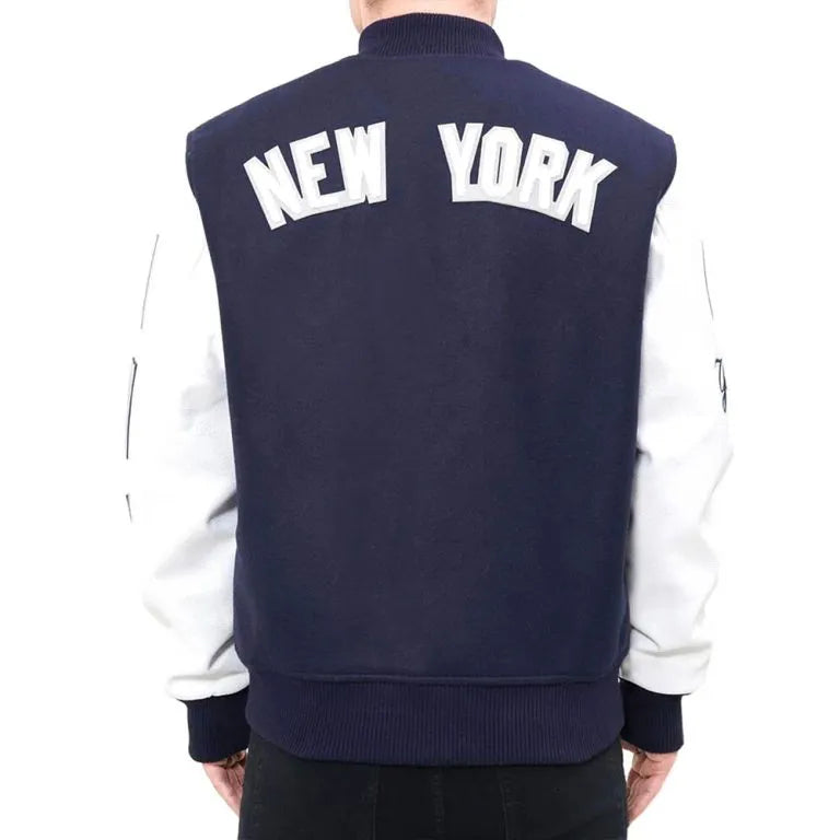 New York Yankees Logo Blended Varsity Navy Blue Wool & White Leather Men's Jacket