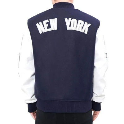 New York Yankees Logo Blended Varsity Navy Blue Wool & White Leather Men's Jacket