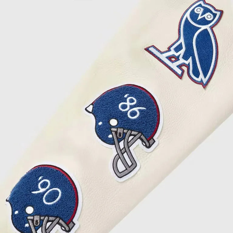 OVO New York Giants Blue Wool & White Genuine Leather Sleeves Men's Varsity Letterman Jacket