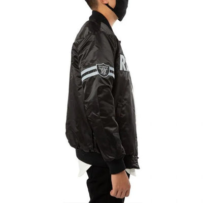Los Angeles Raiders Striped Full-Snap Varsity Black Satin Men's Bomber Jacket