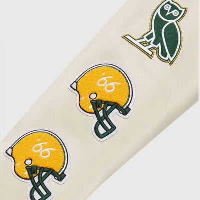 OVO Green Bay Packers Green Wool and White Genuine Leather Sleeves Men's Varsity Letterman Jacket