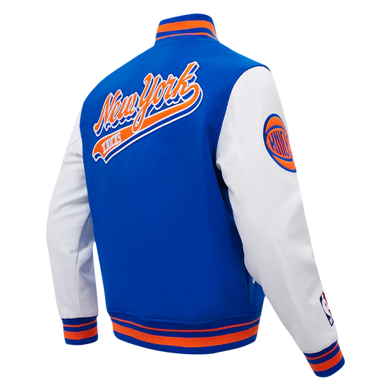 New York Knicks Script Tail Varsity Royal Blue Wool & White Genuine Leather Sleeves Men's Letterman Jacket