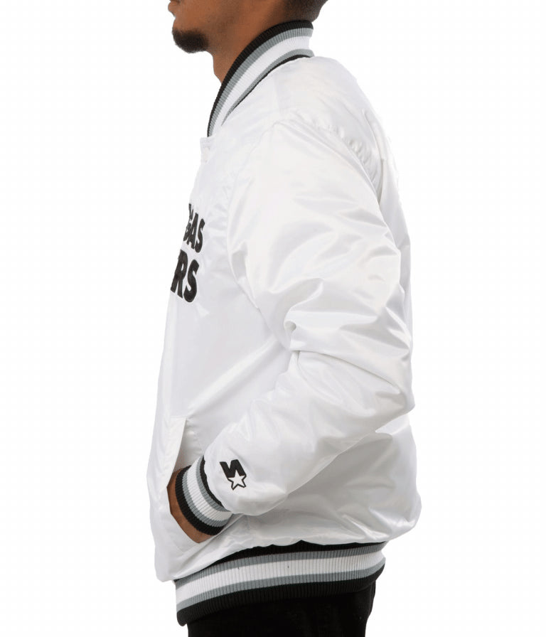 Los Angeles Raiders Back Shield Full-Snap Varsity White Satin Men's Bomber Jacket