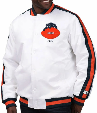 Chicago Bears Throwback D-Line Full-Snap Varsity White Satin Men's Bomber Jacket